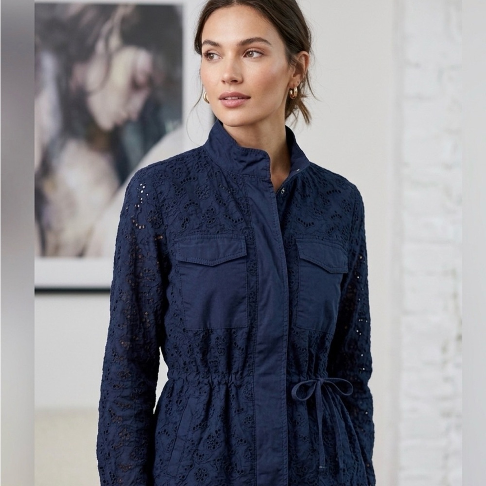 GAP Women’s XS Navy Blue Eyelet Lace Jacket Drawstring Waist Utility - Picture 2 of 9